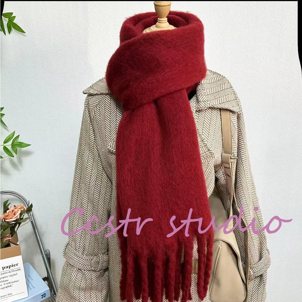 Burgundy Mohair Tassel Scarf: Winter Shawl WARM